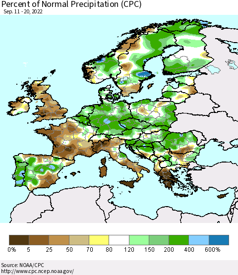 Europe Percent of Normal Precipitation (CPC) Thematic Map For 9/11/2022 - 9/20/2022