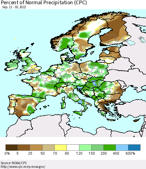 Europe Percent of Normal Precipitation (CPC) Thematic Map For 9/21/2022 - 9/30/2022
