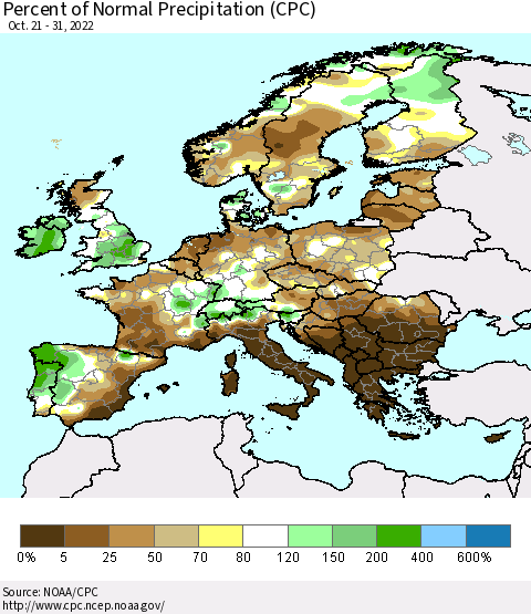 Europe Percent of Normal Precipitation (CPC) Thematic Map For 10/21/2022 - 10/31/2022