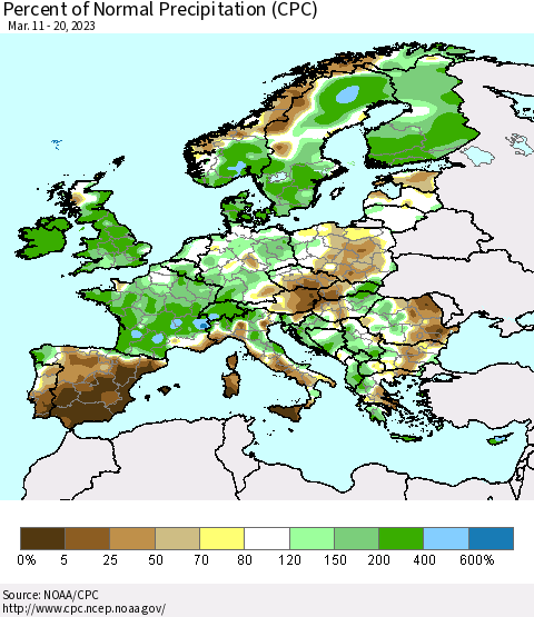 Europe Percent of Normal Precipitation (CPC) Thematic Map For 3/11/2023 - 3/20/2023
