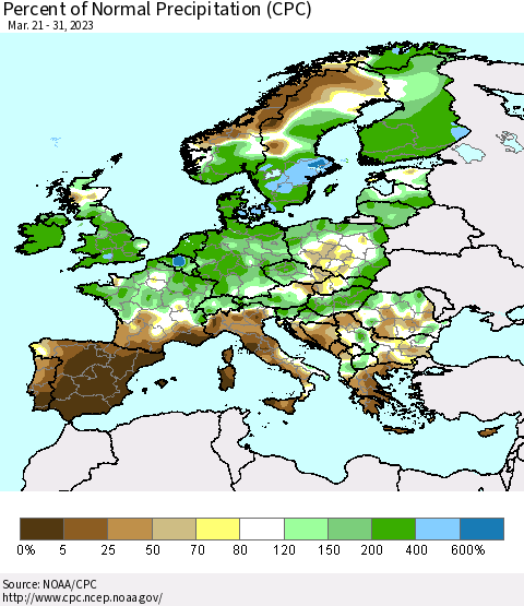 Europe Percent of Normal Precipitation (CPC) Thematic Map For 3/21/2023 - 3/31/2023