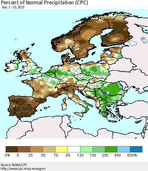 Europe Percent of Normal Precipitation (CPC) Thematic Map For 4/1/2023 - 4/10/2023