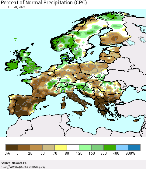 Europe Percent of Normal Precipitation (CPC) Thematic Map For 7/11/2023 - 7/20/2023