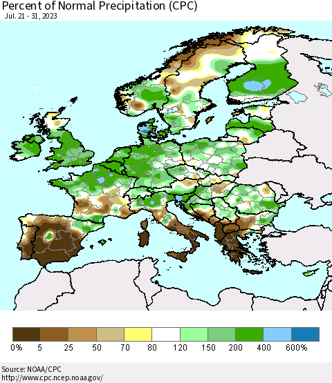 Europe Percent of Normal Precipitation (CPC) Thematic Map For 7/21/2023 - 7/31/2023