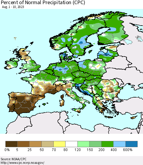 Europe Percent of Normal Precipitation (CPC) Thematic Map For 8/1/2023 - 8/10/2023