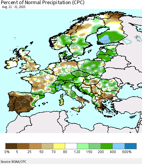 Europe Percent of Normal Precipitation (CPC) Thematic Map For 8/21/2023 - 8/31/2023