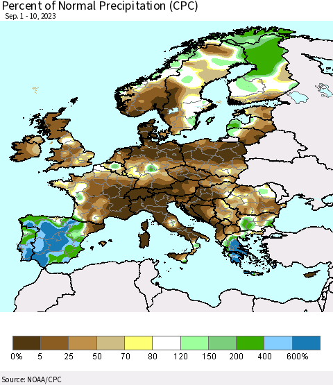 Europe Percent of Normal Precipitation (CPC) Thematic Map For 9/1/2023 - 9/10/2023