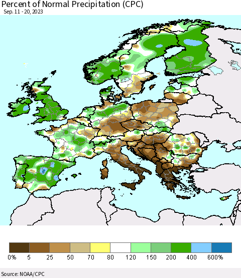 Europe Percent of Normal Precipitation (CPC) Thematic Map For 9/11/2023 - 9/20/2023