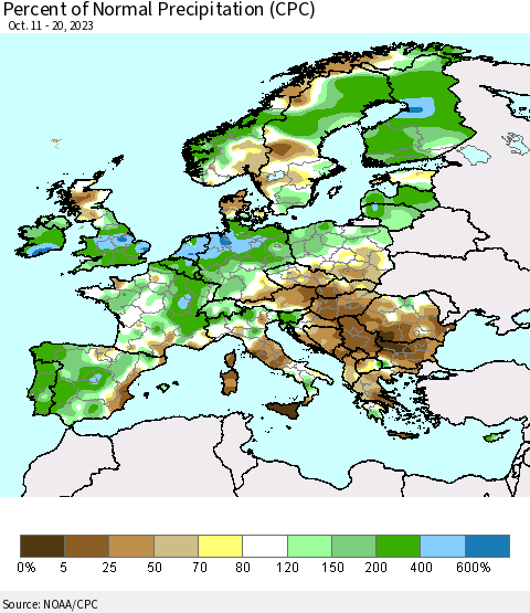 Europe Percent of Normal Precipitation (CPC) Thematic Map For 10/11/2023 - 10/20/2023