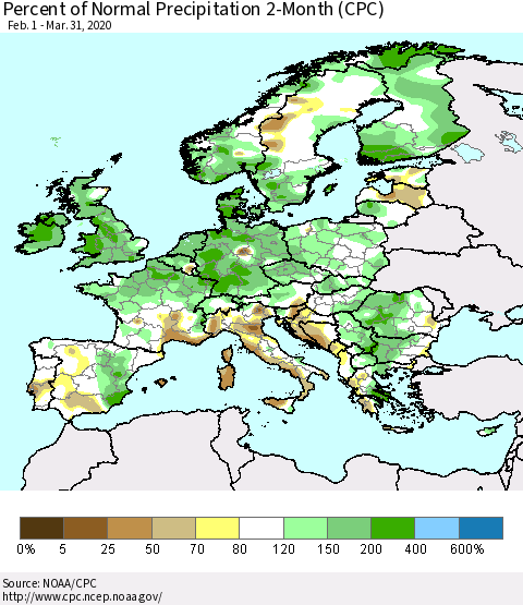Europe Percent of Normal Precipitation 2-Month (CPC) Thematic Map For 2/1/2020 - 3/31/2020