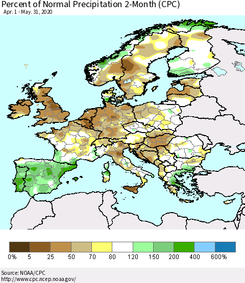 Europe Percent of Normal Precipitation 2-Month (CPC) Thematic Map For 4/1/2020 - 5/31/2020