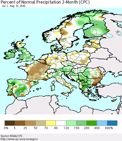 Europe Percent of Normal Precipitation 2-Month (CPC) Thematic Map For 7/1/2020 - 8/31/2020