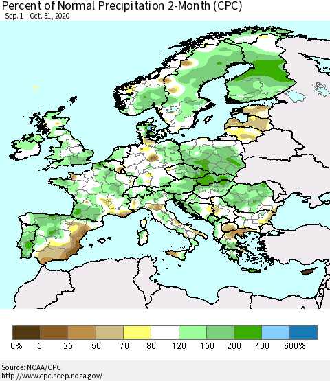 Europe Percent of Normal Precipitation 2-Month (CPC) Thematic Map For 9/1/2020 - 10/31/2020
