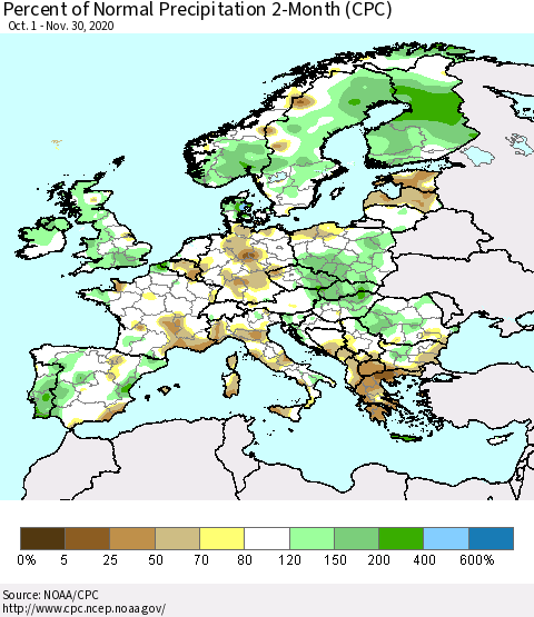 Europe Percent of Normal Precipitation 2-Month (CPC) Thematic Map For 10/1/2020 - 11/30/2020