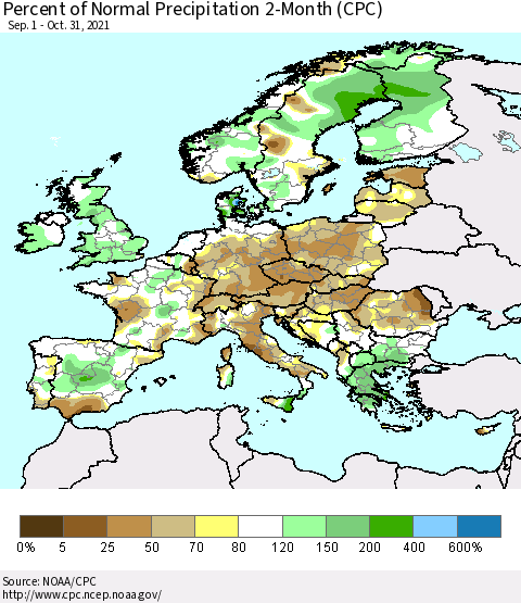 Europe Percent of Normal Precipitation 2-Month (CPC) Thematic Map For 9/1/2021 - 10/31/2021