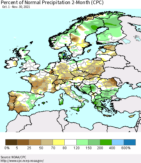 Europe Percent of Normal Precipitation 2-Month (CPC) Thematic Map For 10/1/2021 - 11/30/2021
