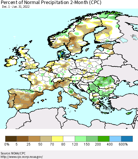 Europe Percent of Normal Precipitation 2-Month (CPC) Thematic Map For 12/1/2021 - 1/31/2022