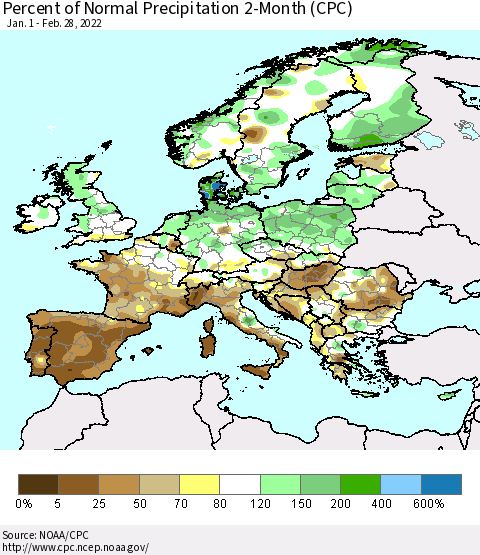 Europe Percent of Normal Precipitation 2-Month (CPC) Thematic Map For 1/1/2022 - 2/28/2022