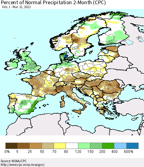 Europe Percent of Normal Precipitation 2-Month (CPC) Thematic Map For 2/1/2022 - 3/31/2022