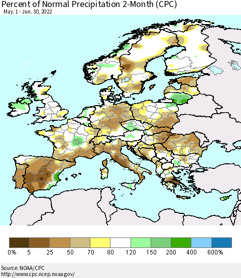 Europe Percent of Normal Precipitation 2-Month (CPC) Thematic Map For 5/1/2022 - 6/30/2022