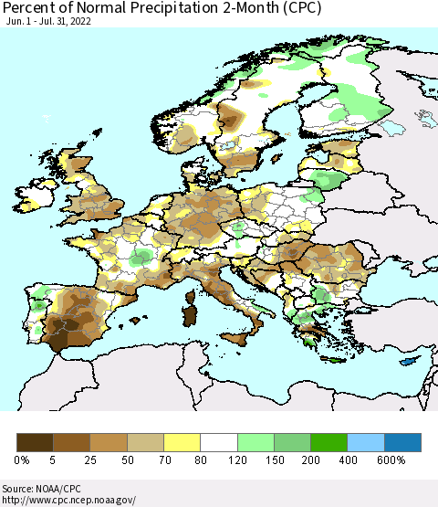 Europe Percent of Normal Precipitation 2-Month (CPC) Thematic Map For 6/1/2022 - 7/31/2022