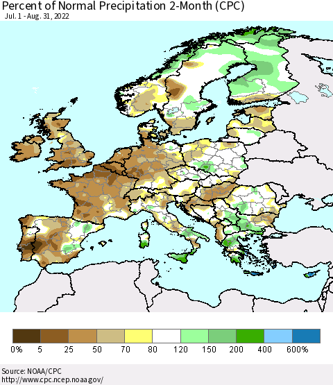 Europe Percent of Normal Precipitation 2-Month (CPC) Thematic Map For 7/1/2022 - 8/31/2022