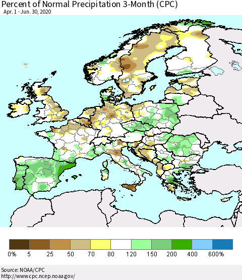Europe Percent of Normal Precipitation 3-Month (CPC) Thematic Map For 4/1/2020 - 6/30/2020