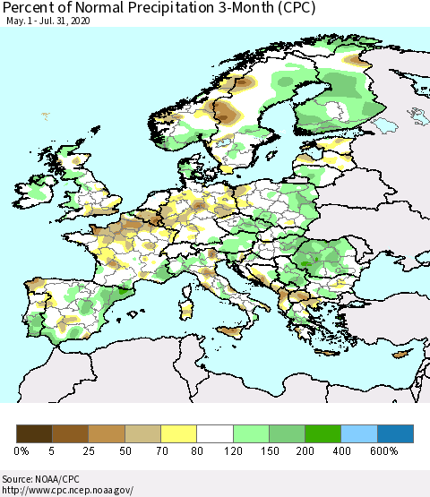 Europe Percent of Normal Precipitation 3-Month (CPC) Thematic Map For 5/1/2020 - 7/31/2020