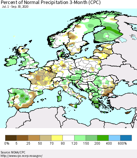 Europe Percent of Normal Precipitation 3-Month (CPC) Thematic Map For 7/1/2020 - 9/30/2020