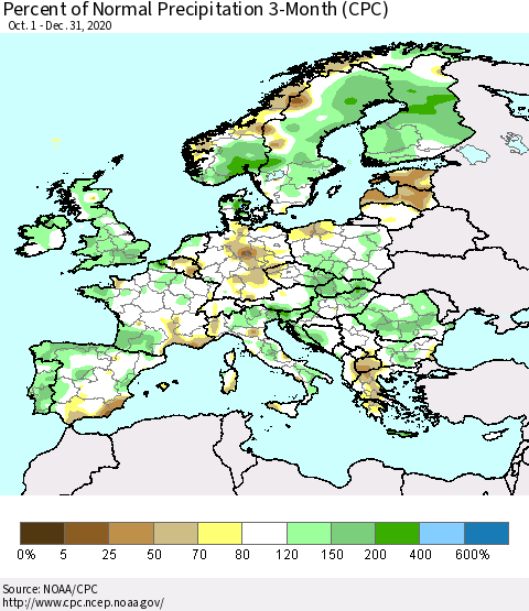 Europe Percent of Normal Precipitation 3-Month (CPC) Thematic Map For 10/1/2020 - 12/31/2020