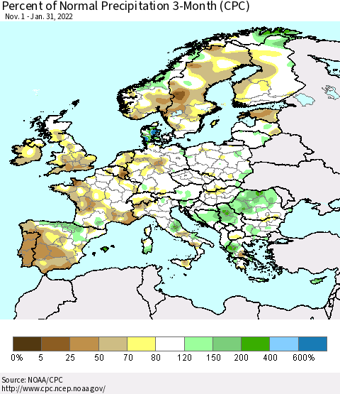 Europe Percent of Normal Precipitation 3-Month (CPC) Thematic Map For 11/1/2021 - 1/31/2022