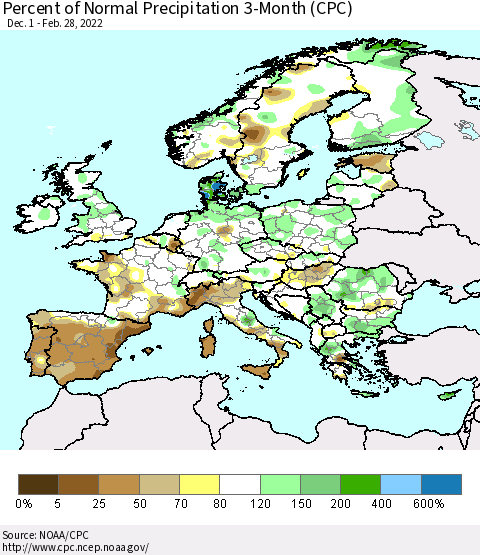 Europe Percent of Normal Precipitation 3-Month (CPC) Thematic Map For 12/1/2021 - 2/28/2022