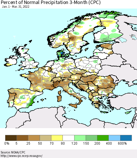 Europe Percent of Normal Precipitation 3-Month (CPC) Thematic Map For 1/1/2022 - 3/31/2022