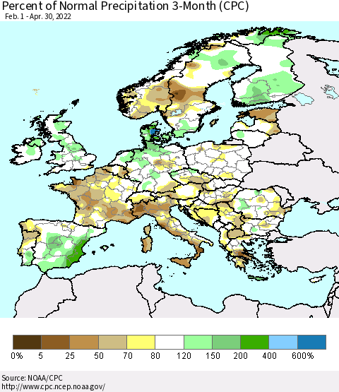 Europe Percent of Normal Precipitation 3-Month (CPC) Thematic Map For 2/1/2022 - 4/30/2022