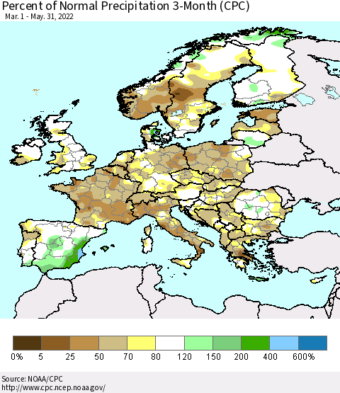Europe Percent of Normal Precipitation 3-Month (CPC) Thematic Map For 3/1/2022 - 5/31/2022