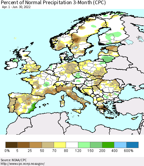 Europe Percent of Normal Precipitation 3-Month (CPC) Thematic Map For 4/1/2022 - 6/30/2022