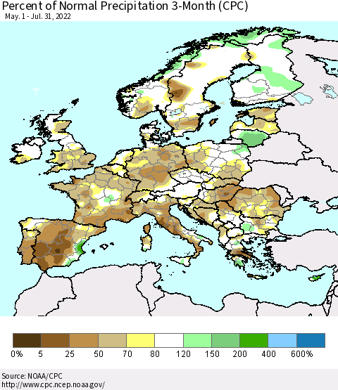 Europe Percent of Normal Precipitation 3-Month (CPC) Thematic Map For 5/1/2022 - 7/31/2022