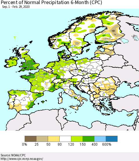 Europe Percent of Normal Precipitation 6-Month (CPC) Thematic Map For 9/1/2019 - 2/29/2020