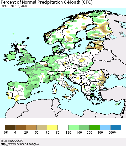 Europe Percent of Normal Precipitation 6-Month (CPC) Thematic Map For 10/1/2019 - 3/31/2020
