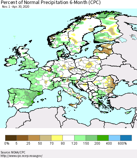 Europe Percent of Normal Precipitation 6-Month (CPC) Thematic Map For 11/1/2019 - 4/30/2020
