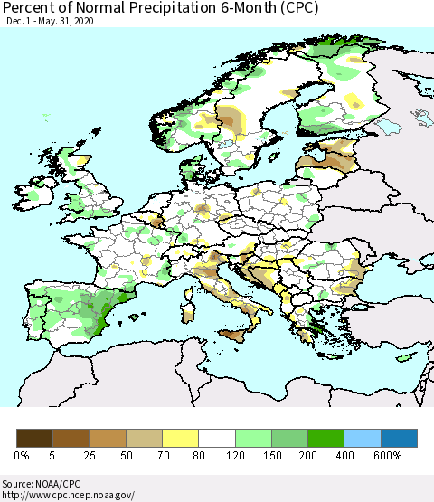 Europe Percent of Normal Precipitation 6-Month (CPC) Thematic Map For 12/1/2019 - 5/31/2020