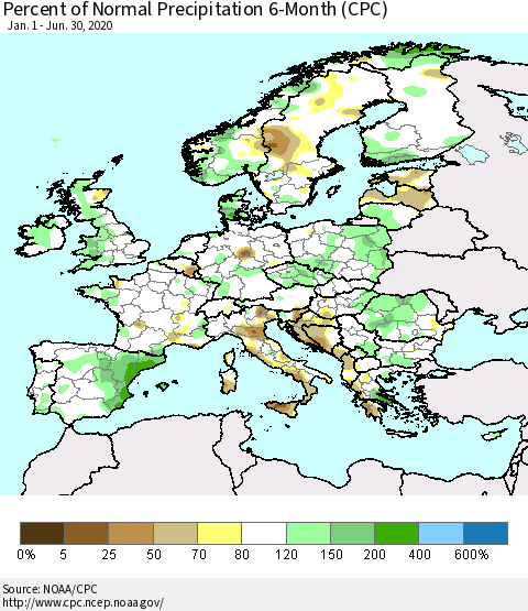 Europe Percent of Normal Precipitation 6-Month (CPC) Thematic Map For 1/1/2020 - 6/30/2020