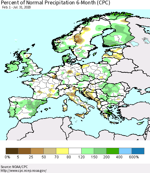 Europe Percent of Normal Precipitation 6-Month (CPC) Thematic Map For 2/1/2020 - 7/31/2020