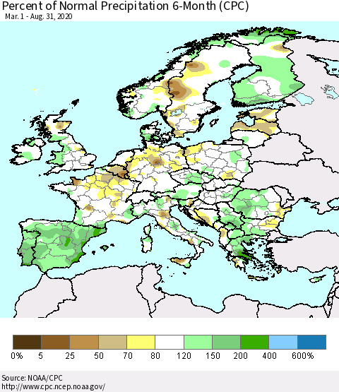 Europe Percent of Normal Precipitation 6-Month (CPC) Thematic Map For 3/1/2020 - 8/31/2020