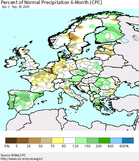 Europe Percent of Normal Precipitation 6-Month (CPC) Thematic Map For 4/1/2020 - 9/30/2020