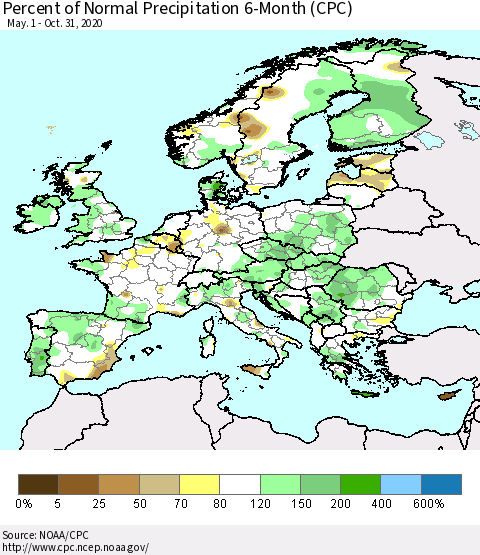 Europe Percent of Normal Precipitation 6-Month (CPC) Thematic Map For 5/1/2020 - 10/31/2020