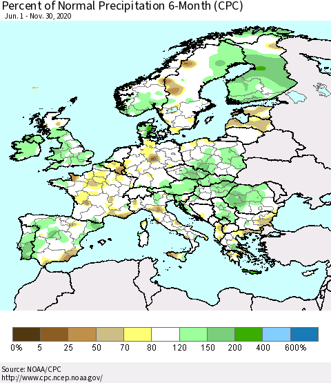 Europe Percent of Normal Precipitation 6-Month (CPC) Thematic Map For 6/1/2020 - 11/30/2020