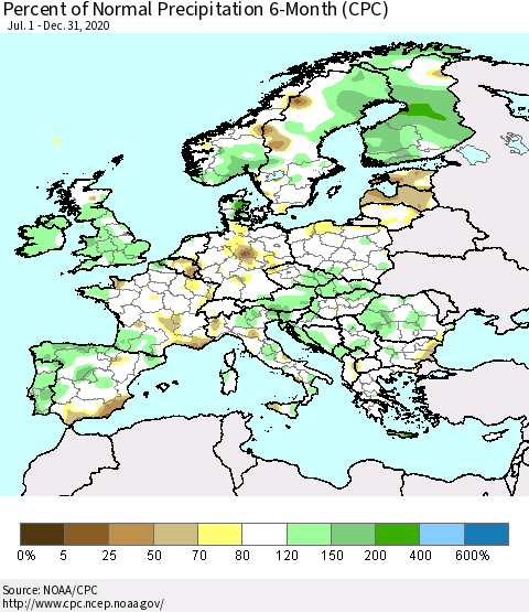 Europe Percent of Normal Precipitation 6-Month (CPC) Thematic Map For 7/1/2020 - 12/31/2020