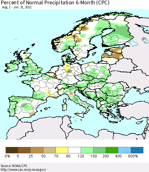 Europe Percent of Normal Precipitation 6-Month (CPC) Thematic Map For 8/1/2020 - 1/31/2021