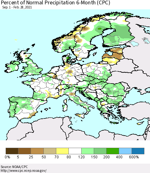 Europe Percent of Normal Precipitation 6-Month (CPC) Thematic Map For 9/1/2020 - 2/28/2021
